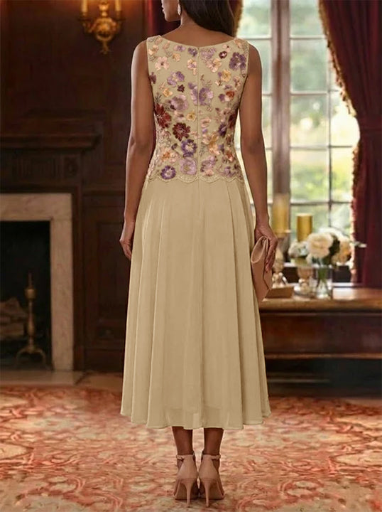 2 Pieces A-Line/Princess V-Neck Chiffon Mother of the Bride Dresses with Jacket Floral 3/4 Sleeves Tea-Length