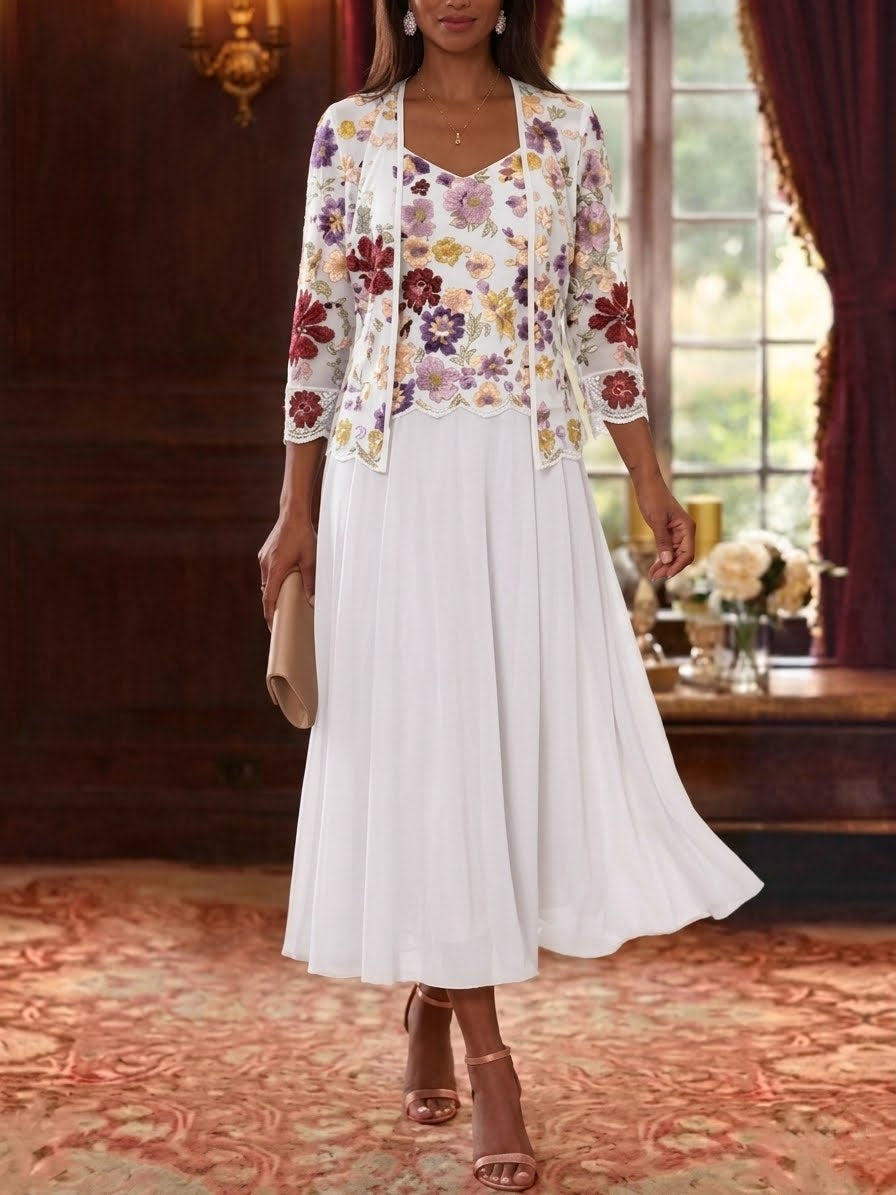 2 Pieces A-Line/Princess V-Neck Chiffon Mother of the Bride Dresses with Jacket Floral 3/4 Sleeves Tea-Length