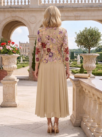 2 Pieces A-Line/Princess V-Neck Chiffon Mother of the Bride Dresses with Jacket Floral 3/4 Sleeves Tea-Length