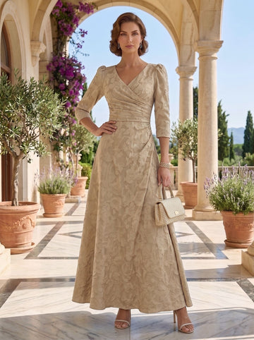A-Line/Princess V-Neck Chiffon Floral Mother of the Bride Dresses Ankle-Length 3/4 Sleeves Ruched