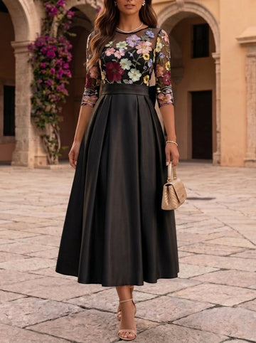 A-Line/Princess Scoop Satin Floral Mother of the Bride Dresses Tea-Length 3/4 Sleeves Bowknot