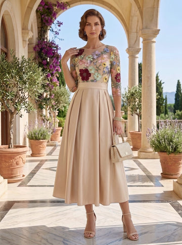 A-Line/Princess Scoop Satin Floral Mother of the Bride Dresses Tea-Length 3/4 Sleeves Bowknot