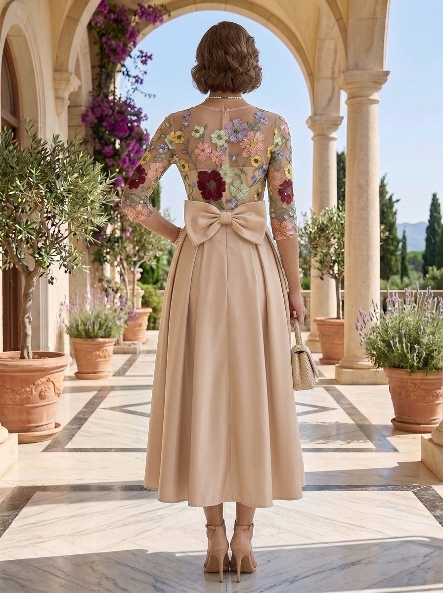 A-Line/Princess Scoop Satin Floral Mother of the Bride Dresses Tea-Length 3/4 Sleeves Bowknot