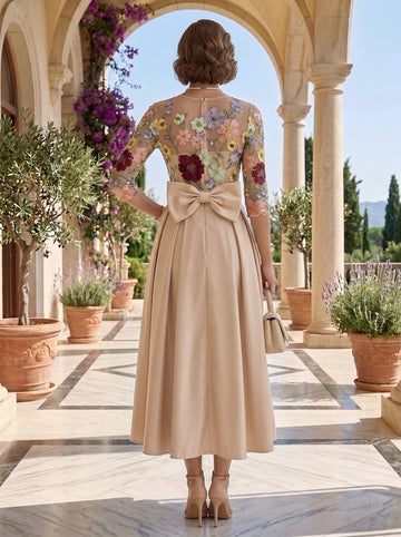 A-Line/Princess Scoop Satin Floral Mother of the Bride Dresses Tea-Length 3/4 Sleeves Bowknot