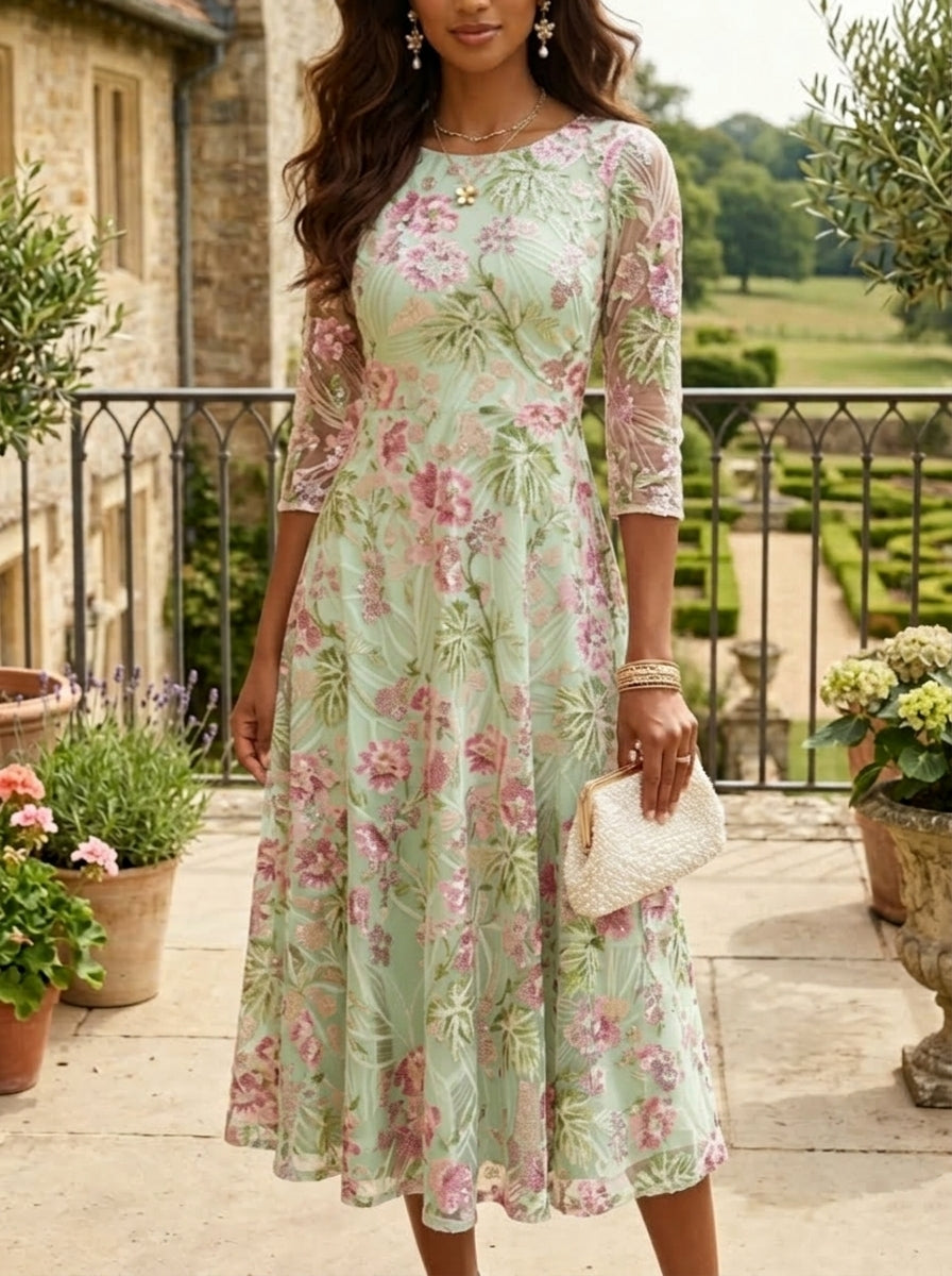A-Line/Princess Scoop Sequins Floral Mother of the Bride Dresses Tea-Length 3/4 Sleeves