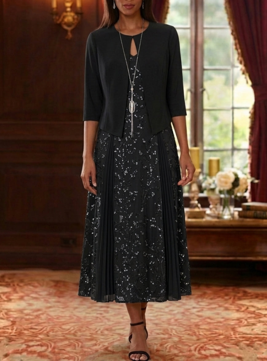 2 Pieces A-Line/Princess V-Neck Lace Sequins Mother of the Bride Dresses with Chiffon Jacket Floral 3/4 Sleeves Tea-Length