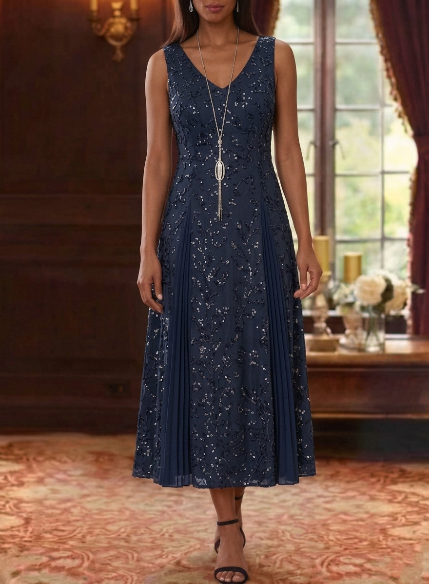 2 Pieces A-Line/Princess V-Neck Lace Sequins Mother of the Bride Dresses with Chiffon Jacket Floral 3/4 Sleeves Tea-Length