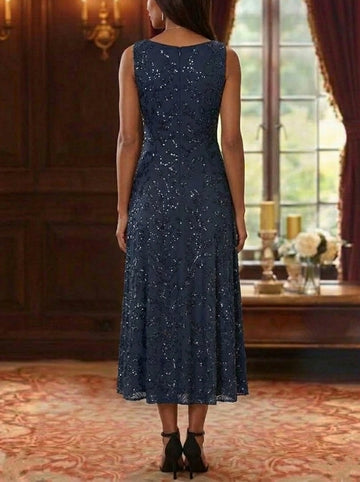 2 Pieces A-Line/Princess V-Neck Lace Sequins Mother of the Bride Dresses with Chiffon Jacket Floral 3/4 Sleeves Tea-Length