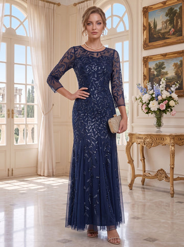 A-Line/Princess Scoop Lace Sequins Mother of the Bride Dresses Floral 3/4 Sleeves Floor-Length