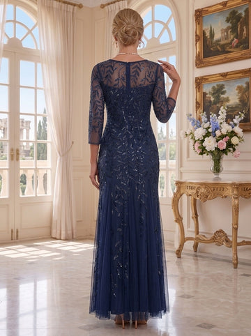 A-Line/Princess Scoop Lace Sequins Mother of the Bride Dresses Floral 3/4 Sleeves Floor-Length