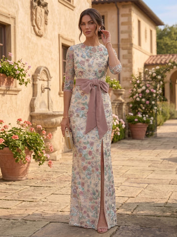 Sheath/Column Scoop Lace Sequins Mother of the Bride Dresses Floral 3/4 Sleeves Floor-Length Bowknot