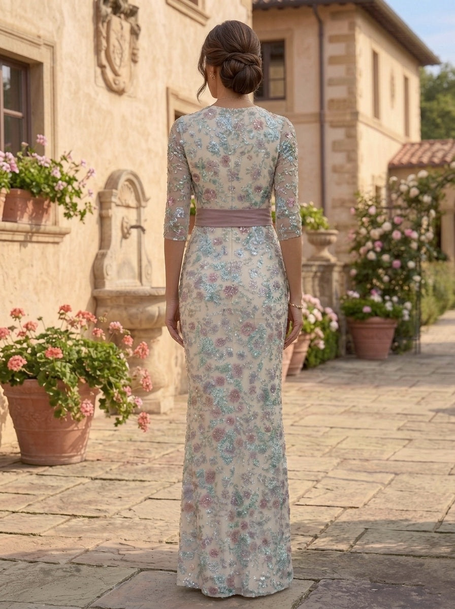 Sheath/Column Scoop Lace Sequins Mother of the Bride Dresses Floral 3/4 Sleeves Floor-Length Bowknot