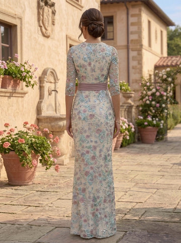 Sheath/Column Scoop Lace Sequins Mother of the Bride Dresses Floral 3/4 Sleeves Floor-Length Bowknot