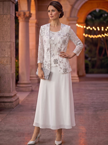 A-Line/Princess Scoop Chiffon Mother of the Bride Dresses with Jacket Sequins Tea-Length 3/4 Sleeves Floral