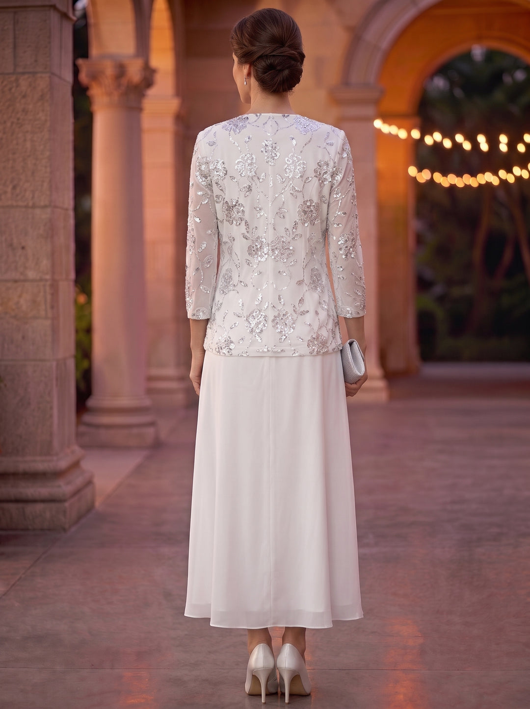 A-Line/Princess Scoop Chiffon Mother of the Bride Dresses with Jacket Sequins Tea-Length 3/4 Sleeves Floral