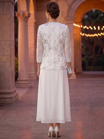 A-Line/Princess Scoop Chiffon Mother of the Bride Dresses with Jacket Sequins Tea-Length 3/4 Sleeves Floral