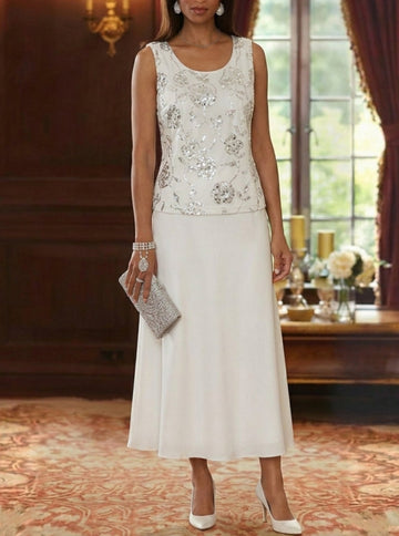 A-Line/Princess Scoop Chiffon Mother of the Bride Dresses with Jacket Sequins Tea-Length 3/4 Sleeves Floral