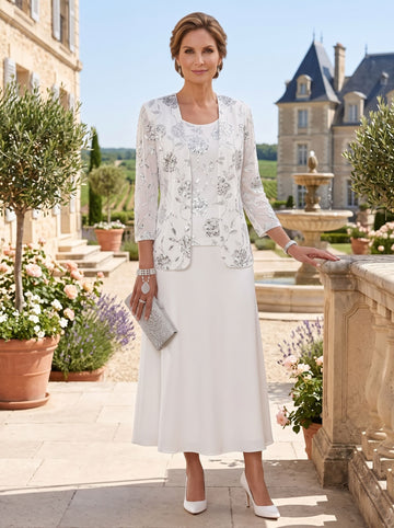 A-Line/Princess Scoop Chiffon Mother of the Bride Dresses with Jacket Sequins Tea-Length 3/4 Sleeves Floral