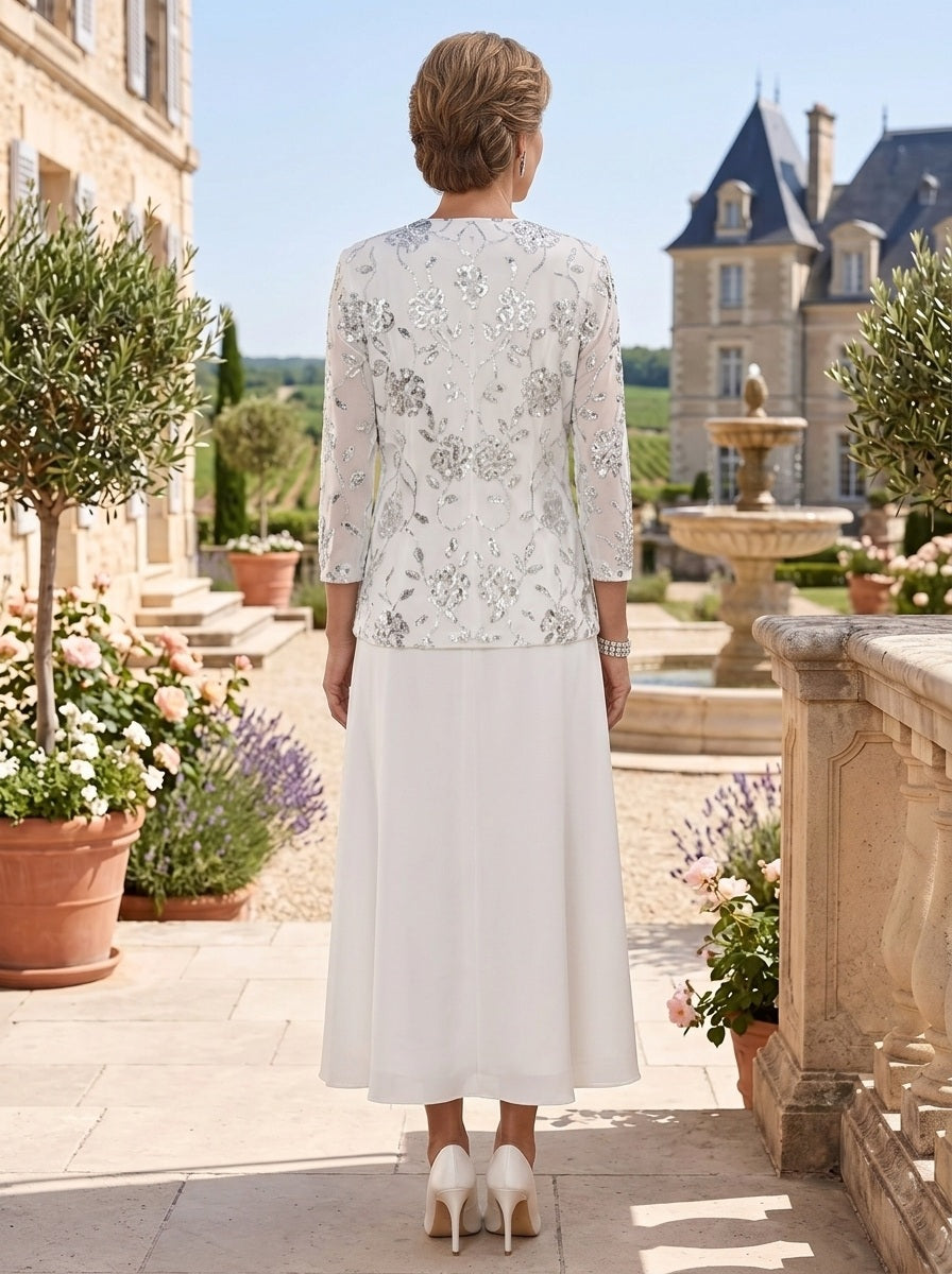A-Line/Princess Scoop Chiffon Mother of the Bride Dresses with Jacket Sequins Tea-Length 3/4 Sleeves Floral