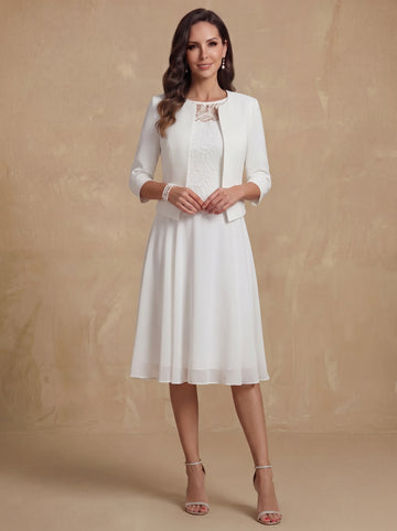 A-Line/Princess Scoop Chiffon Mother of the Bride Dresses with Jacket Lace Floral Tea-Length 3/4 Sleeves