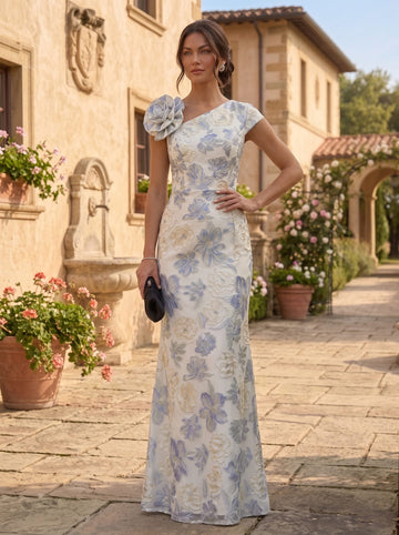 Sheath/Column Asymmetrical Neck Jacquard Mother of the Bride Dresses Floral Sleeveless Floor-Length 3D Flower