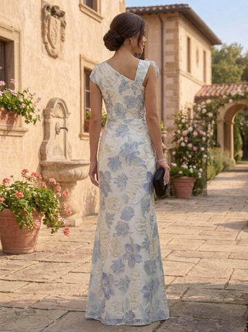 Sheath/Column Asymmetrical Neck Jacquard Mother of the Bride Dresses Floral Sleeveless Floor-Length 3D Flower
