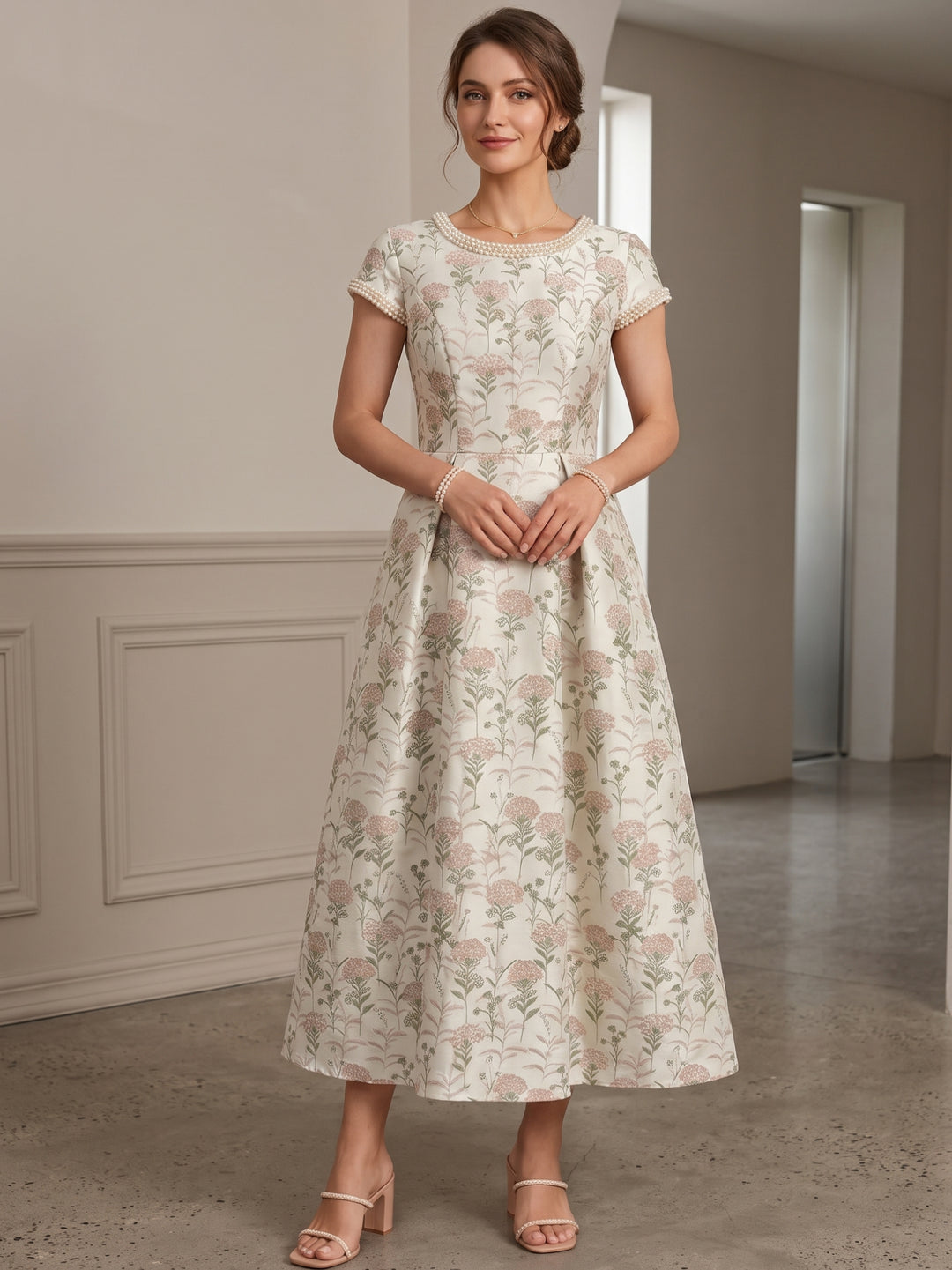 A-Line/Princess Scoop Jacquard Mother of the Bride Dresses Floral Short Sleeves Tea-Length Beading
