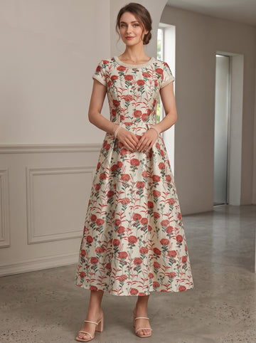 A-Line/Princess Scoop Jacquard Mother of the Bride Dresses Floral Short Sleeves Tea-Length Beading