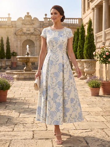 A-Line/Princess Scoop Jacquard Mother of the Bride Dresses Floral Short Sleeves Tea-Length Beading