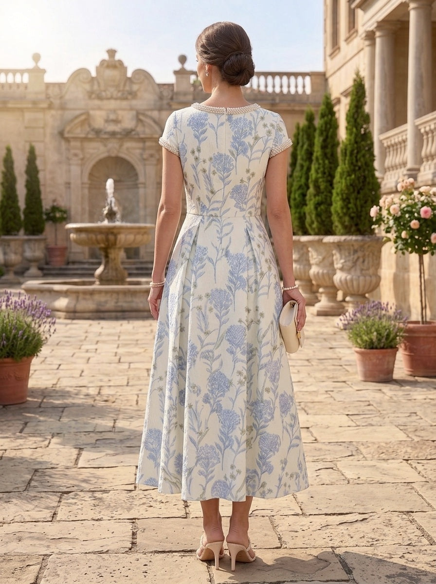A-Line/Princess Scoop Jacquard Mother of the Bride Dresses Floral Short Sleeves Tea-Length Beading