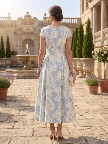 A-Line/Princess Scoop Jacquard Mother of the Bride Dresses Floral Short Sleeves Tea-Length Beading