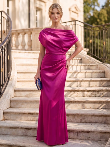 Sheath/Column One-Shoulder Sleeveless Floor-Length Satin Formal Evening Dresses with Ruffles