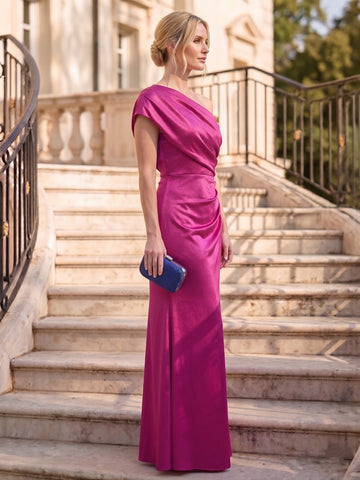 Sheath/Column One-Shoulder Sleeveless Floor-Length Satin Formal Evening Dresses with Ruffles