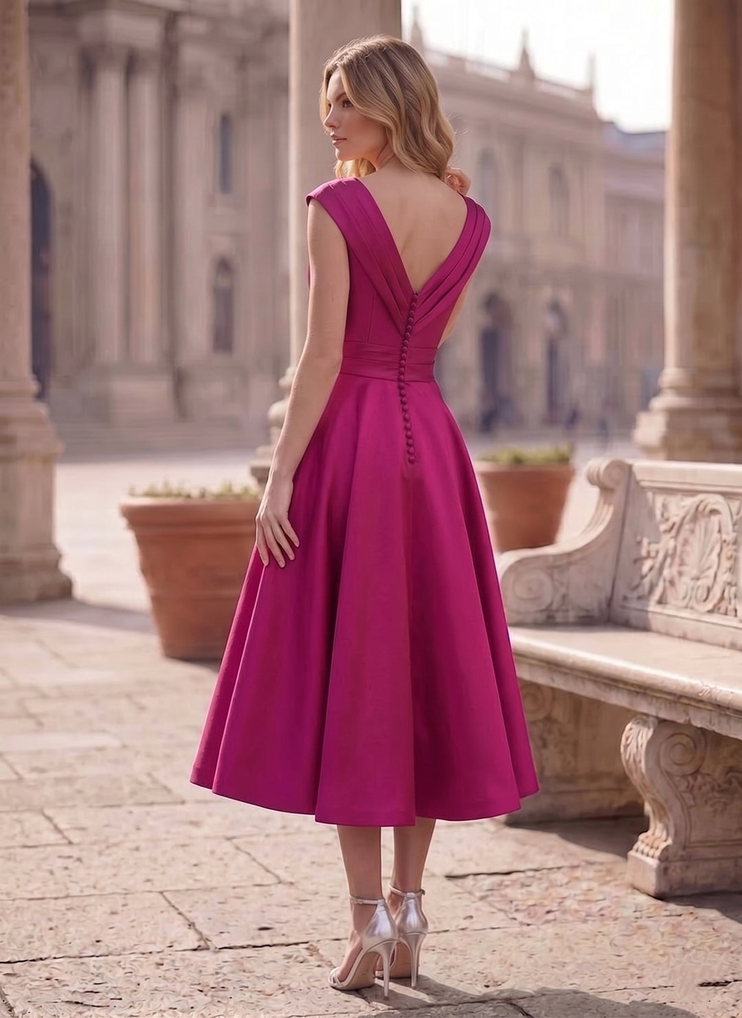 A-Line/Princess V-Neck Sleeveless Tea-Length Satin Cocktail Dresses with Pleats and Back Zipper