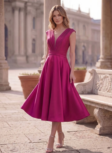 A-Line/Princess V-Neck Sleeveless Tea-Length Satin Cocktail Dresses with Pleats and Back Zipper
