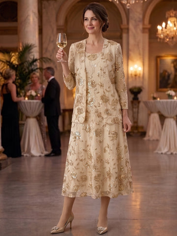 Chiffon 2 Pieces Scoop-Neck Sequins Long Sleeves Tea-Length Mother of Bride Dresses