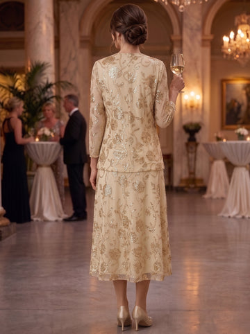 Chiffon 2 Pieces Scoop-Neck Sequins Long Sleeves Tea-Length Mother of Bride Dresses
