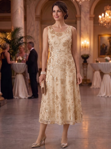 Chiffon 2 Pieces Scoop-Neck Sequins Long Sleeves Tea-Length Mother of Bride Dresses