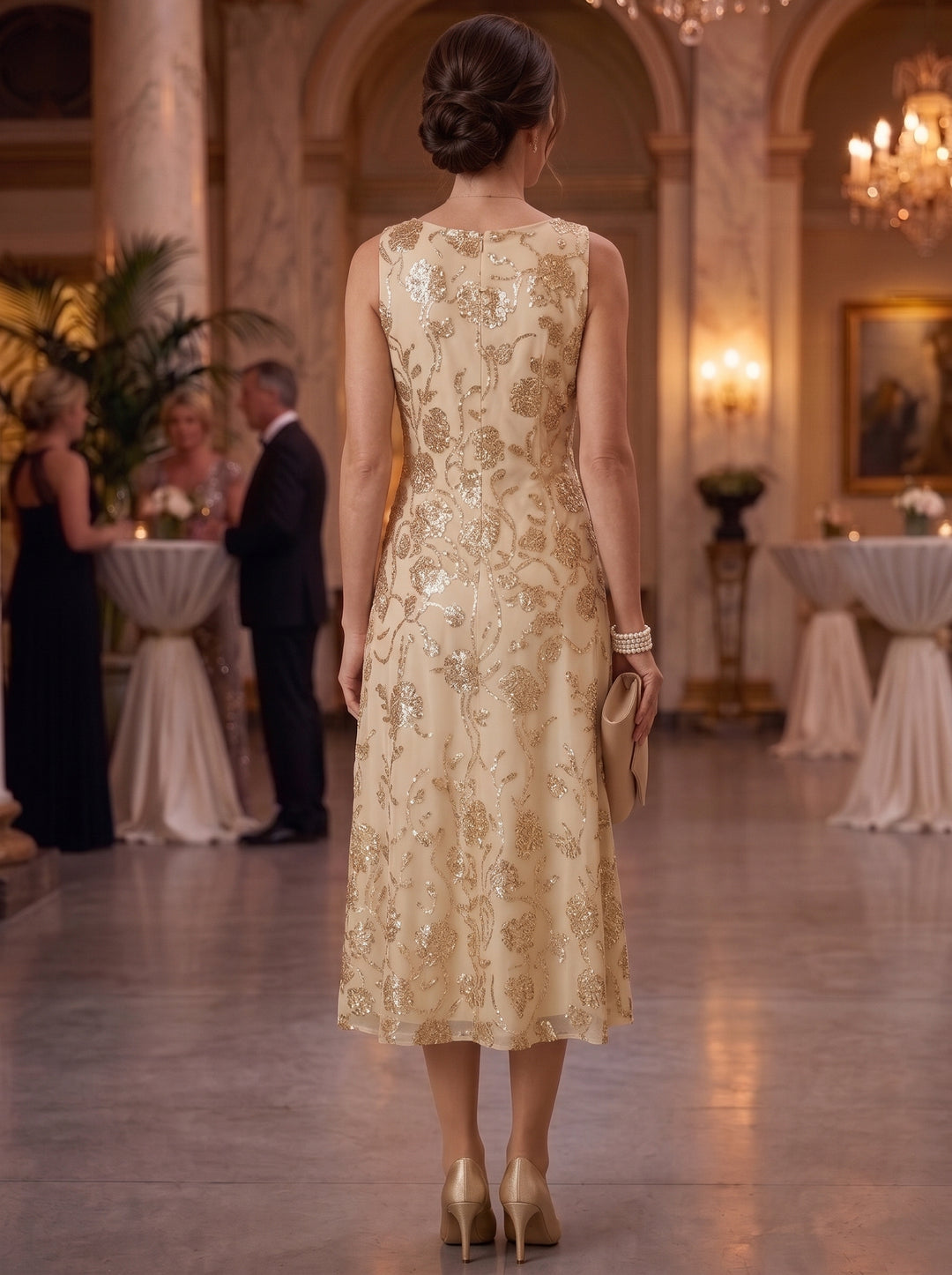 Chiffon 2 Pieces Scoop-Neck Sequins Long Sleeves Tea-Length Mother of Bride Dresses