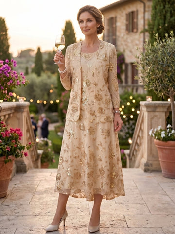 Chiffon 2 Pieces Scoop-Neck Sequins Long Sleeves Tea-Length Mother of Bride Dresses