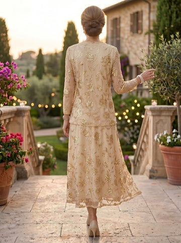 Chiffon 2 Pieces Scoop-Neck Sequins Long Sleeves Tea-Length Mother of Bride Dresses