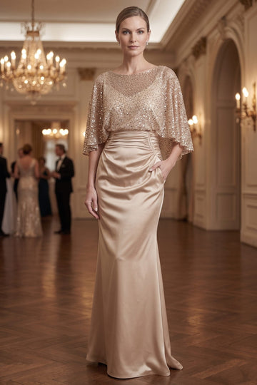 Trumpet/Mermaid Scoop Half Sleeves Imitation Silk Elastic Floor Length Mother of the Bride Dresses