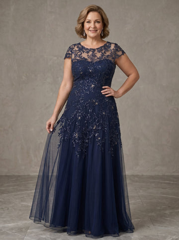 A-Line/Princess Scoop Short Sleeves Tulle Floor Length Plus Size Mother of the Bride Dresses