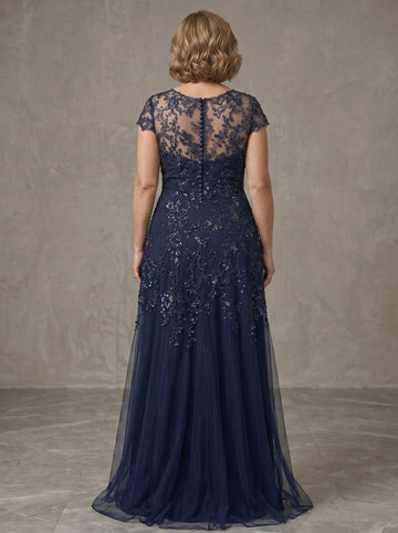 A-Line/Princess Scoop Short Sleeves Tulle Floor Length Plus Size Mother of the Bride Dresses