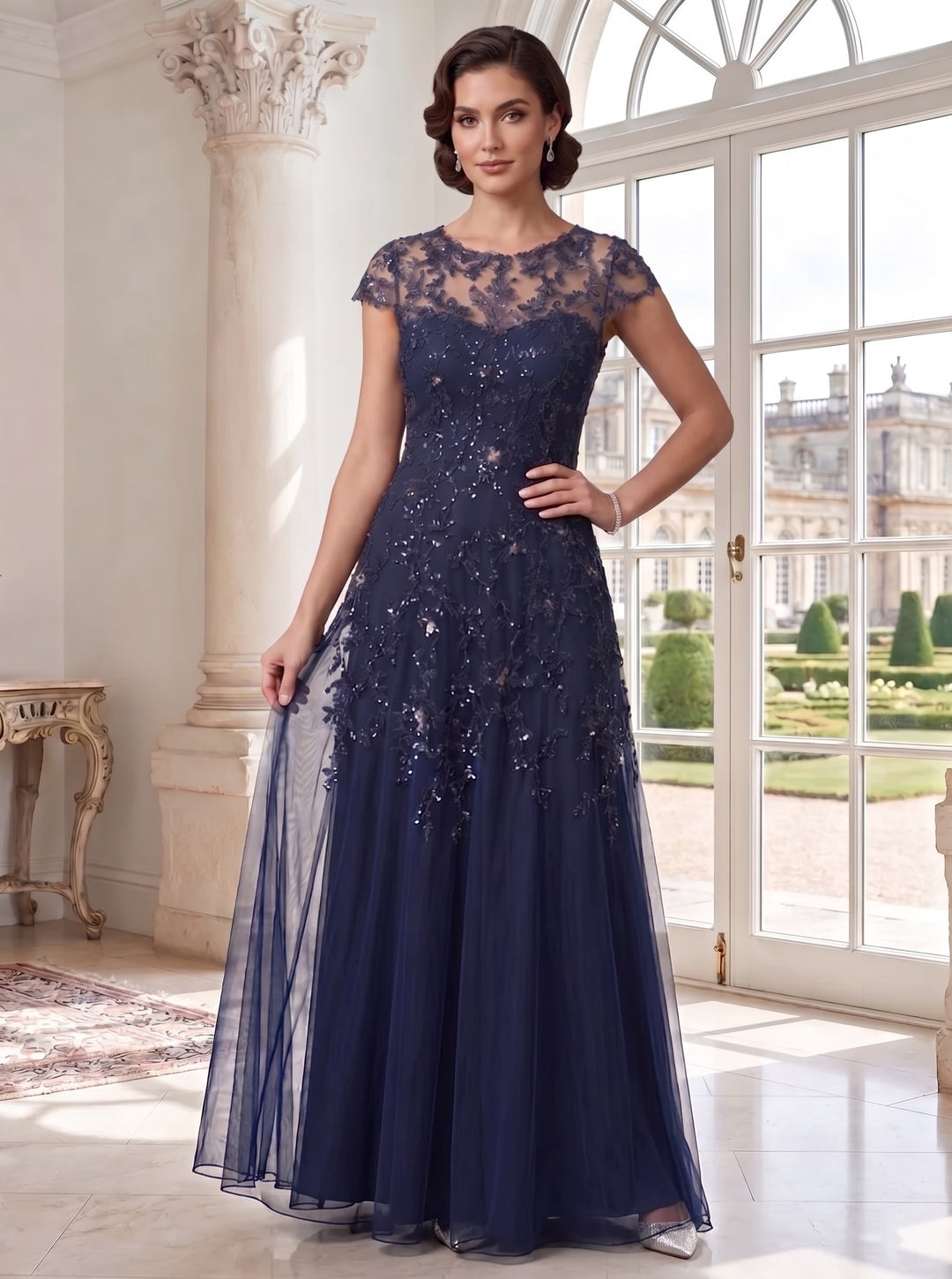 A-Line/Princess Scoop Short Sleeves Tulle Floor Length Mother of the Bride Dresses