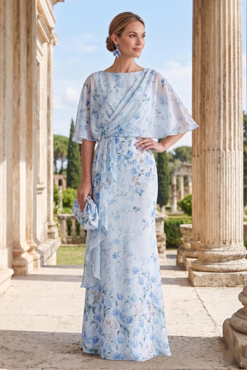 Sheath/Column Boat Neck Half Sleeves Ruffles Chiffon Floor Length Mother of the Bride Dresses