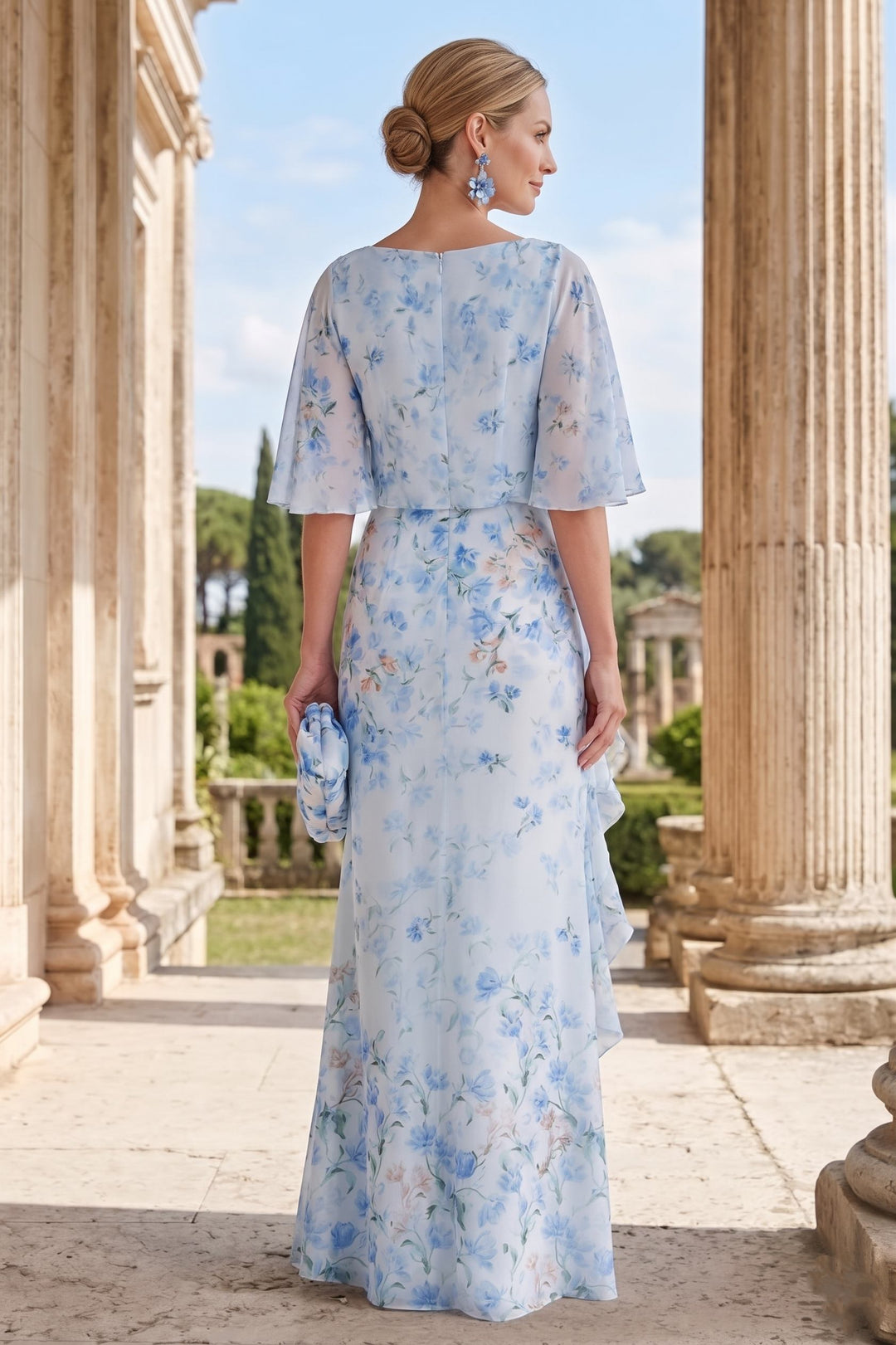 Sheath/Column Boat Neck Half Sleeves Ruffles Chiffon Floor Length Mother of the Bride Dresses