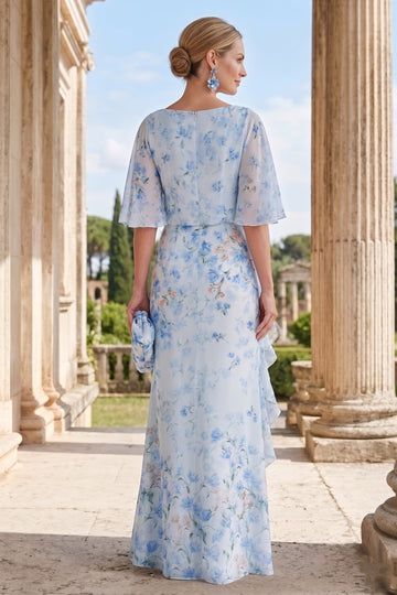 Sheath/Column Boat Neck Half Sleeves Ruffles Chiffon Floor Length Mother of the Bride Dresses