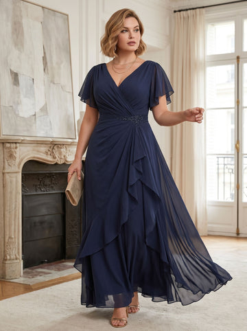 A-Line/Princess V-Neck Short Sleeves Ruffles Chiffon Floor Length Plus Size Mother of the Bride Dresses