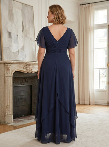 A-Line/Princess V-Neck Short Sleeves Ruffles Chiffon Floor Length Plus Size Mother of the Bride Dresses